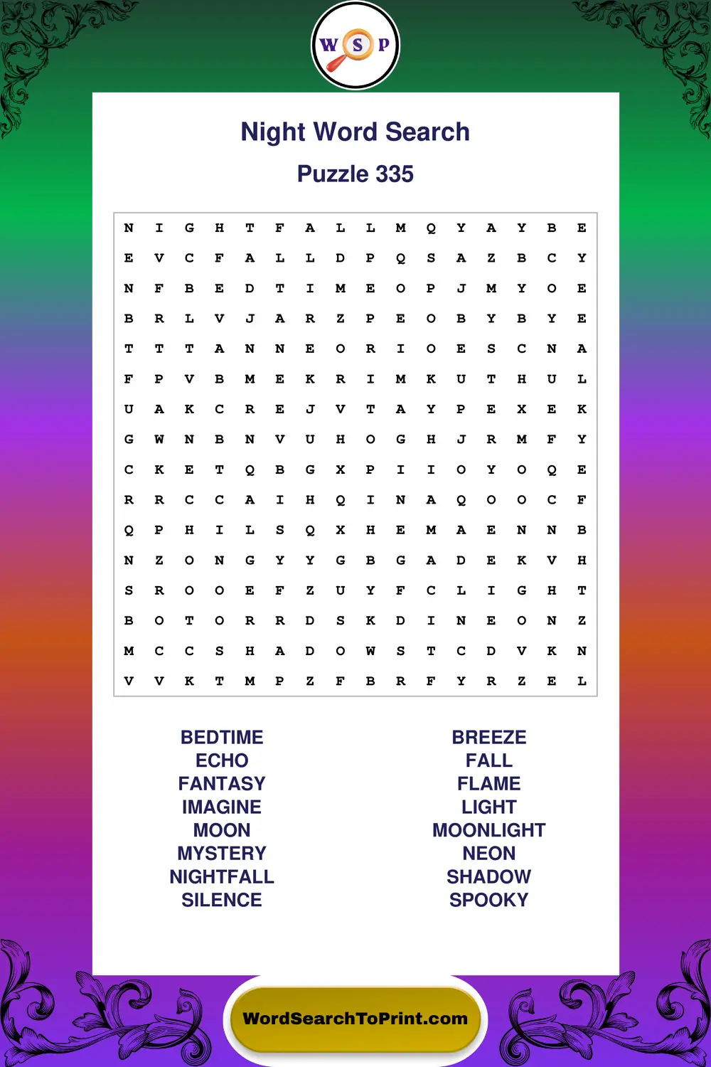 Night Word Search Puzzle 335