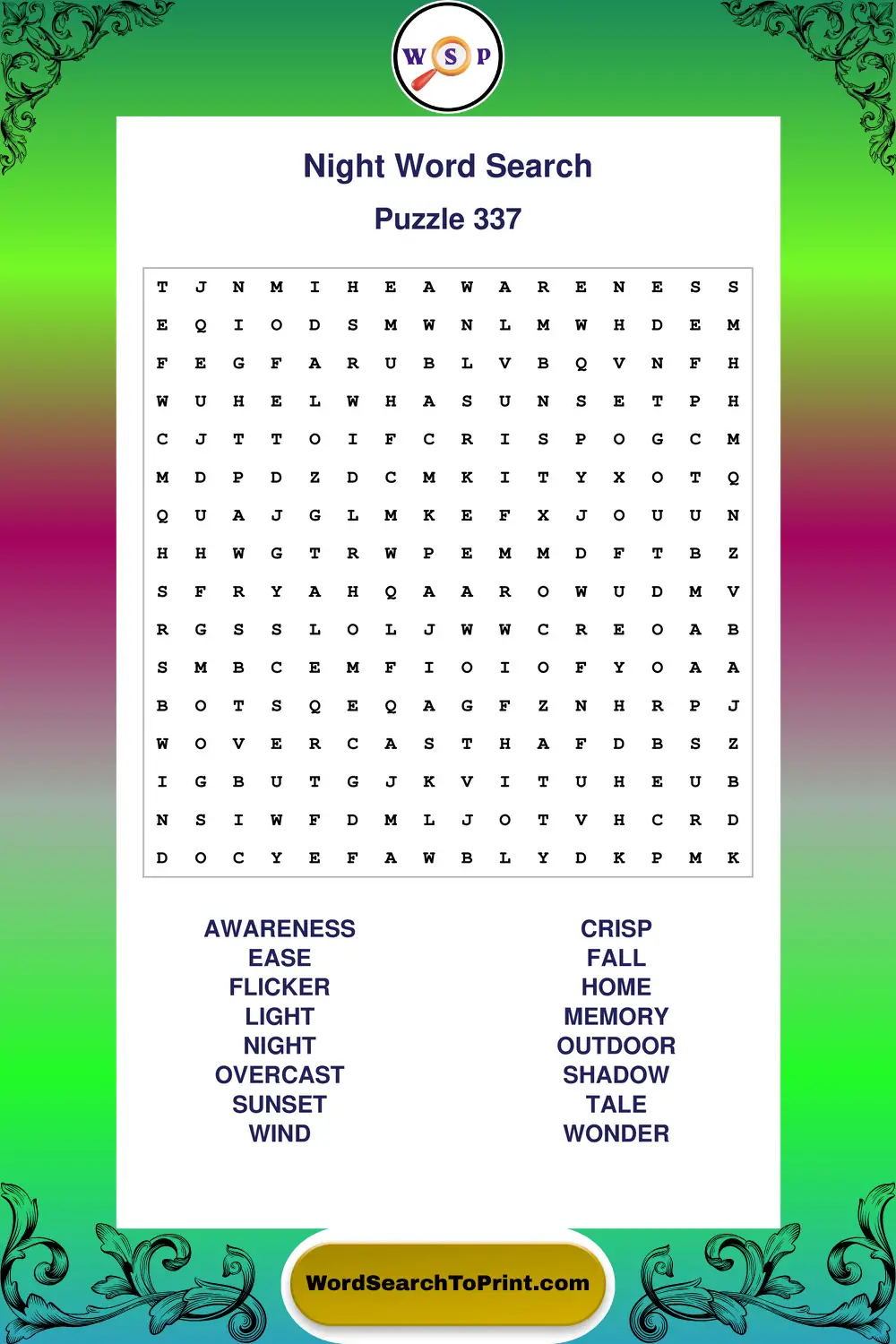 Night Word Search Puzzle 337