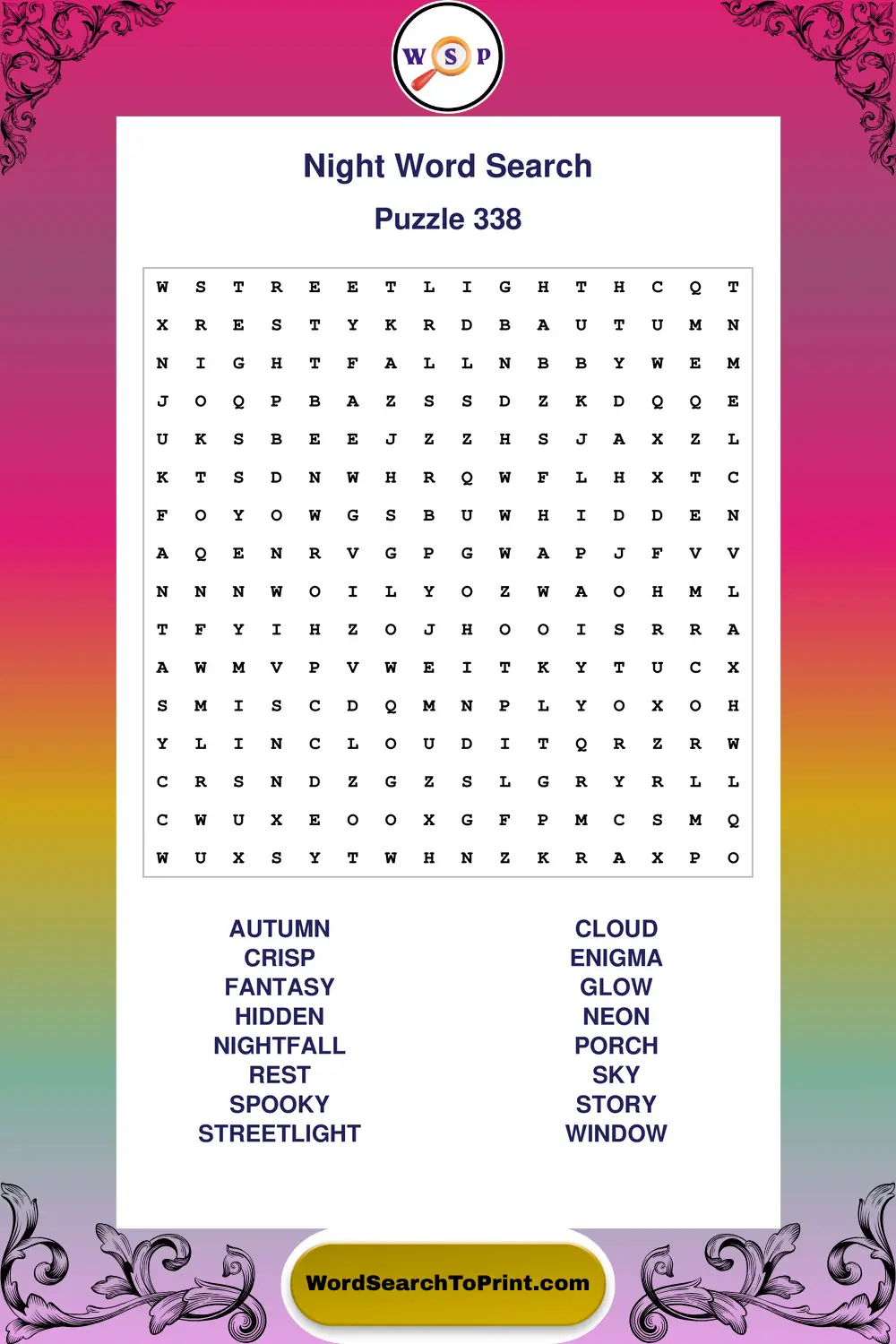 Night Word Search Puzzle 338