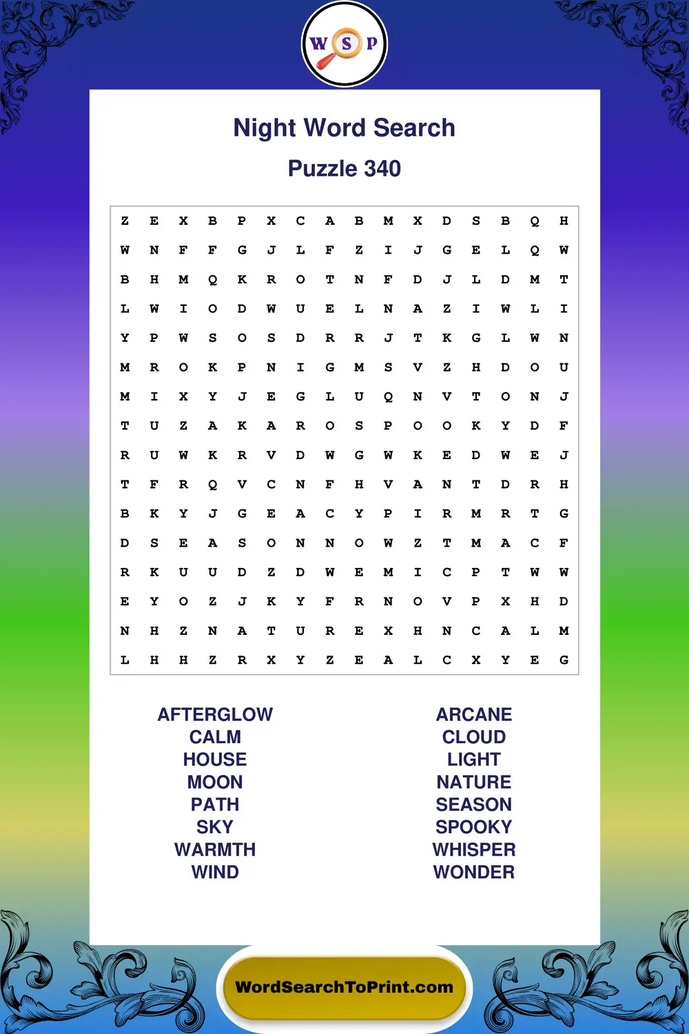 Night Word Search Puzzle 340