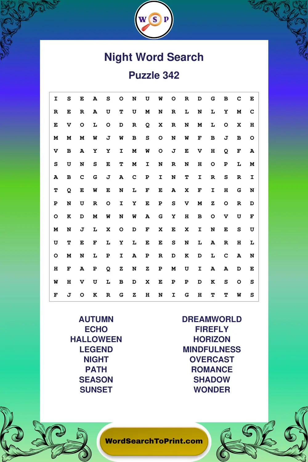 Night Word Search Puzzle 342