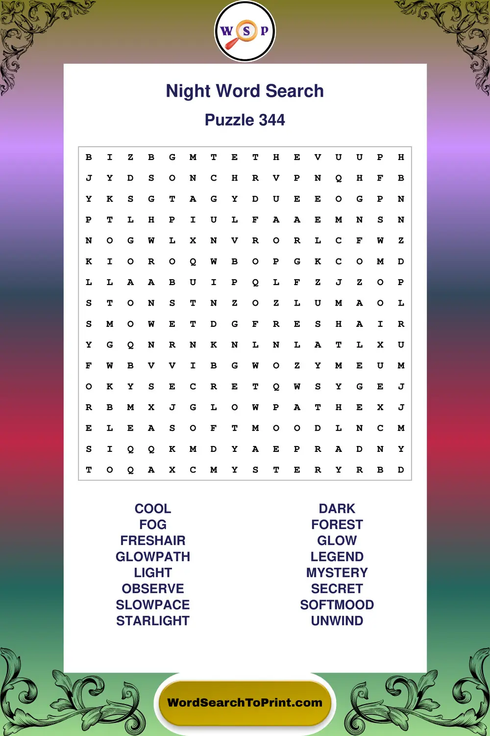 Night Word Search Puzzle 344