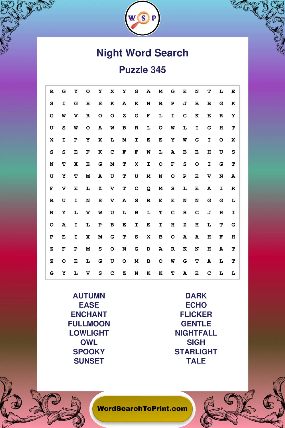 Night Word Search Puzzle 345