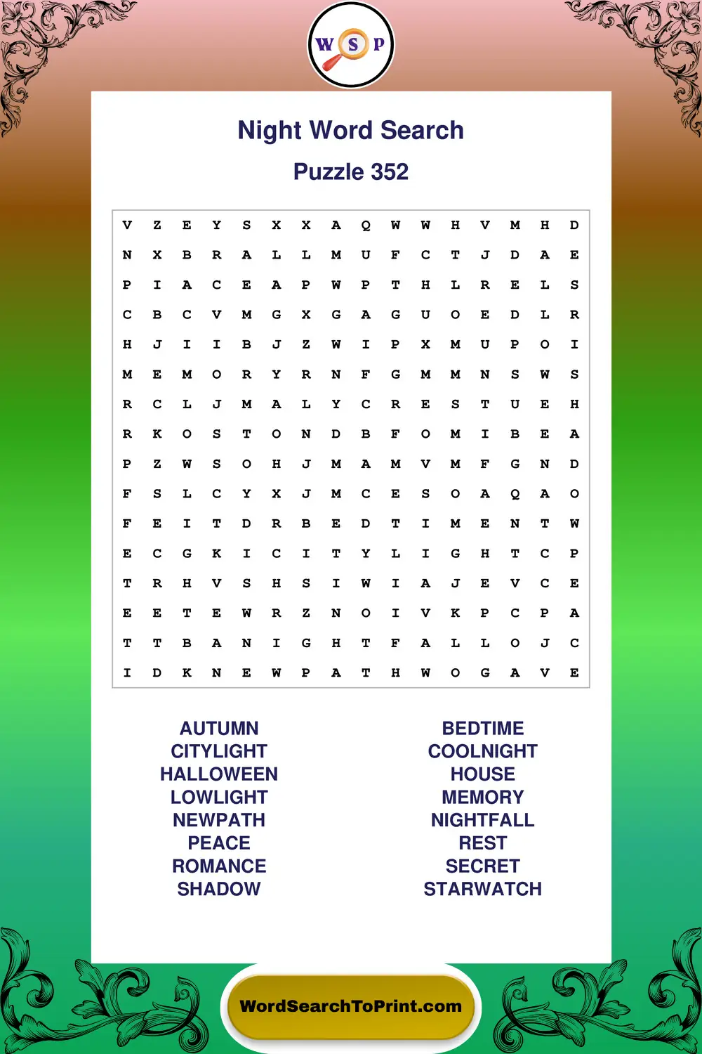 Night Word Search Puzzle 352