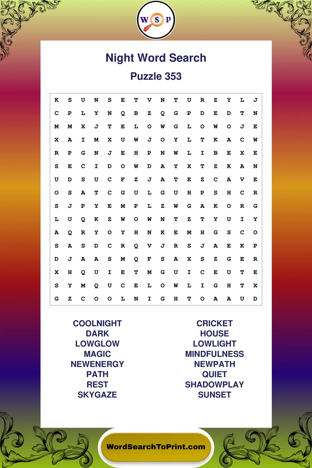 Night Word Search Puzzle 353