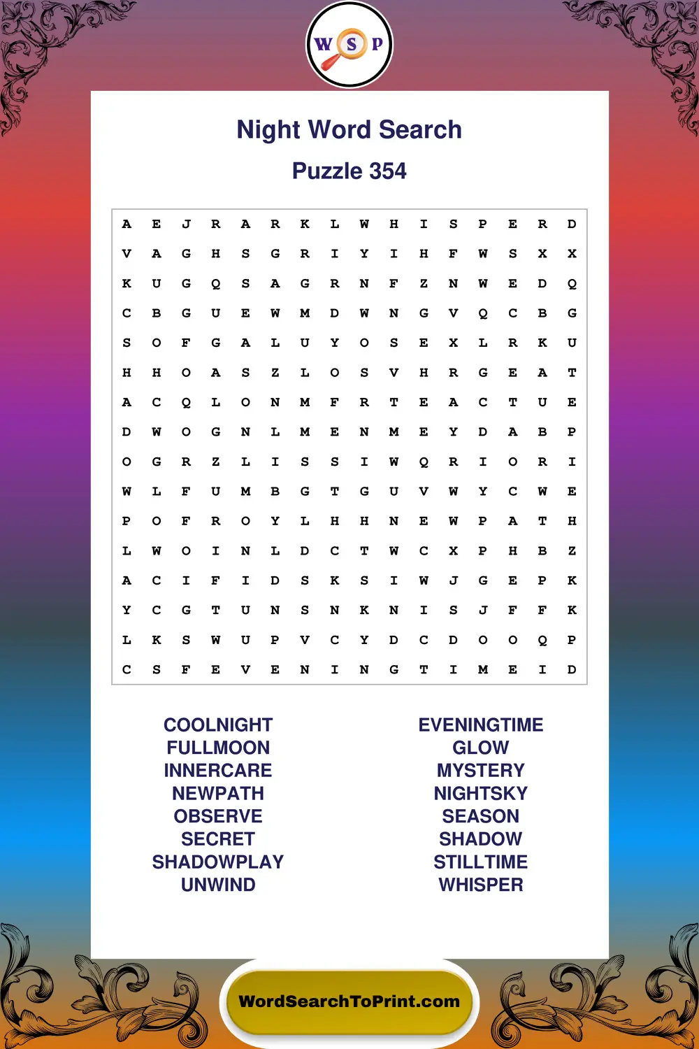 Night Word Search Puzzle 354