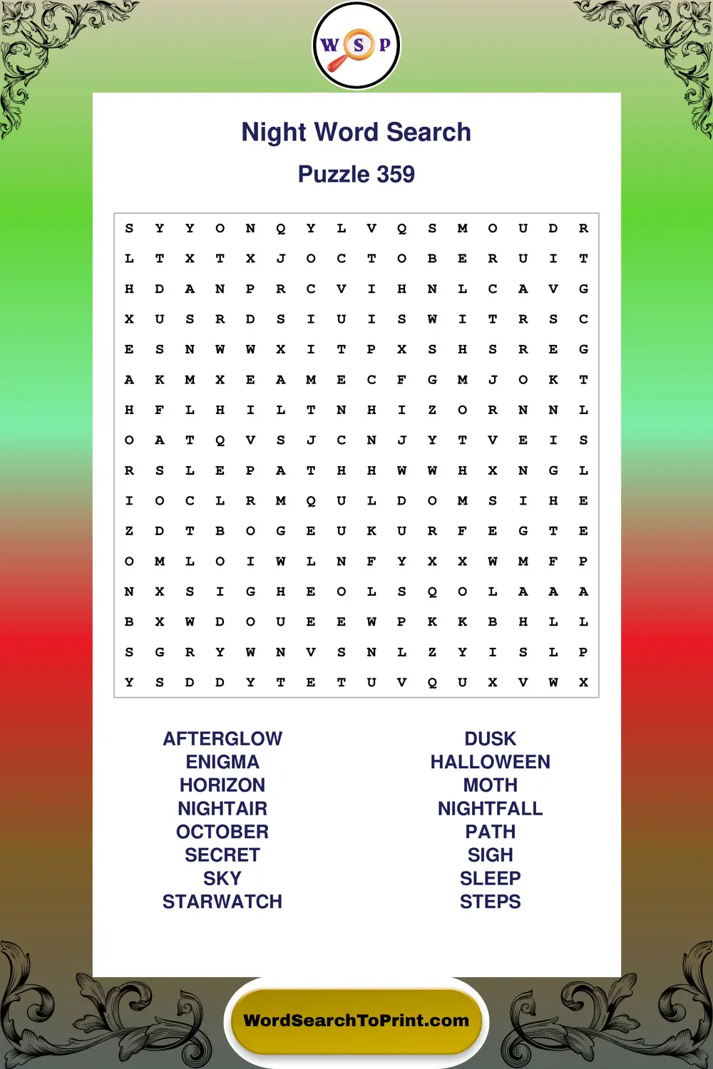Night Word Search Puzzle 359
