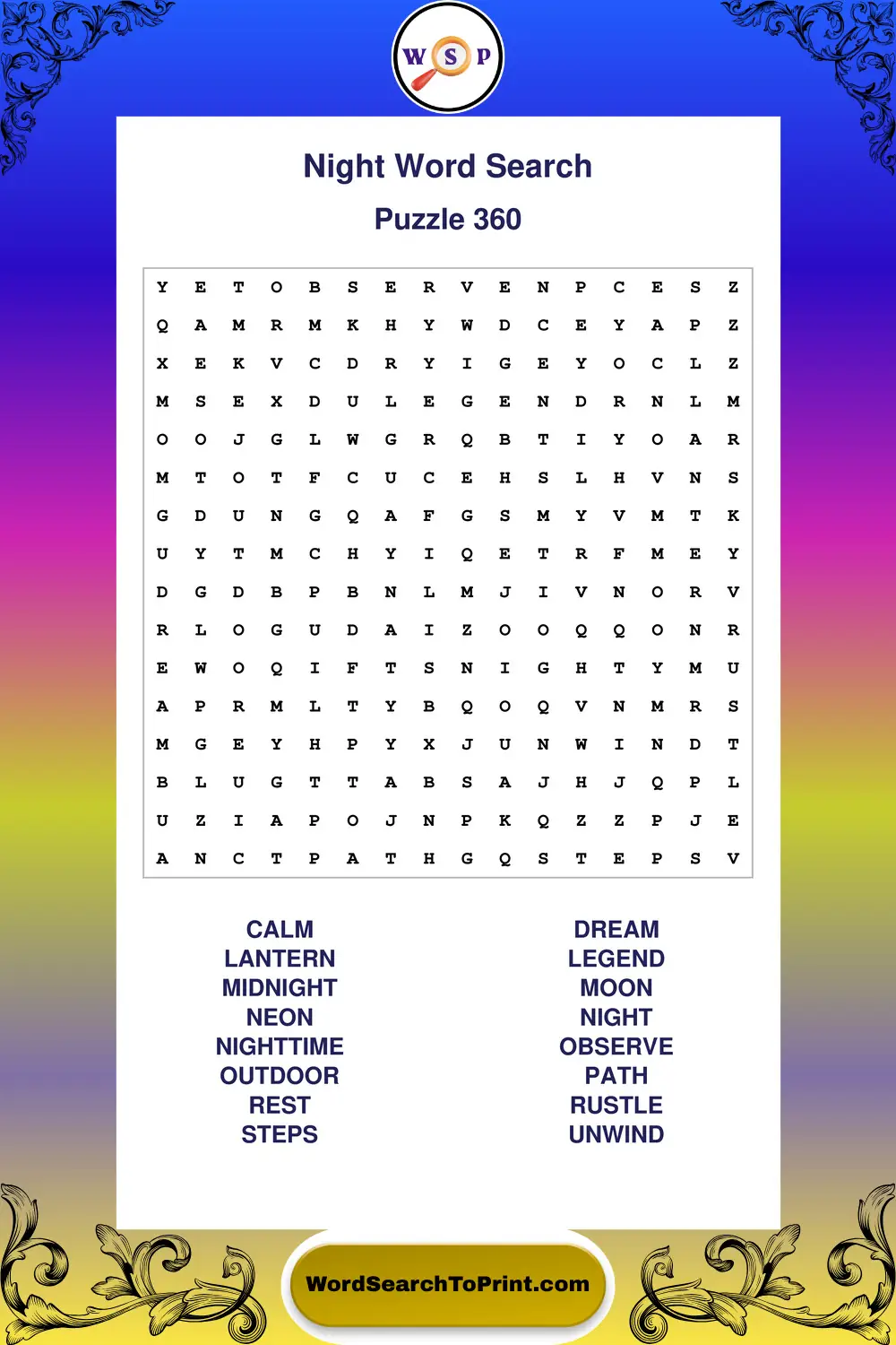 Night Word Search Puzzle 360