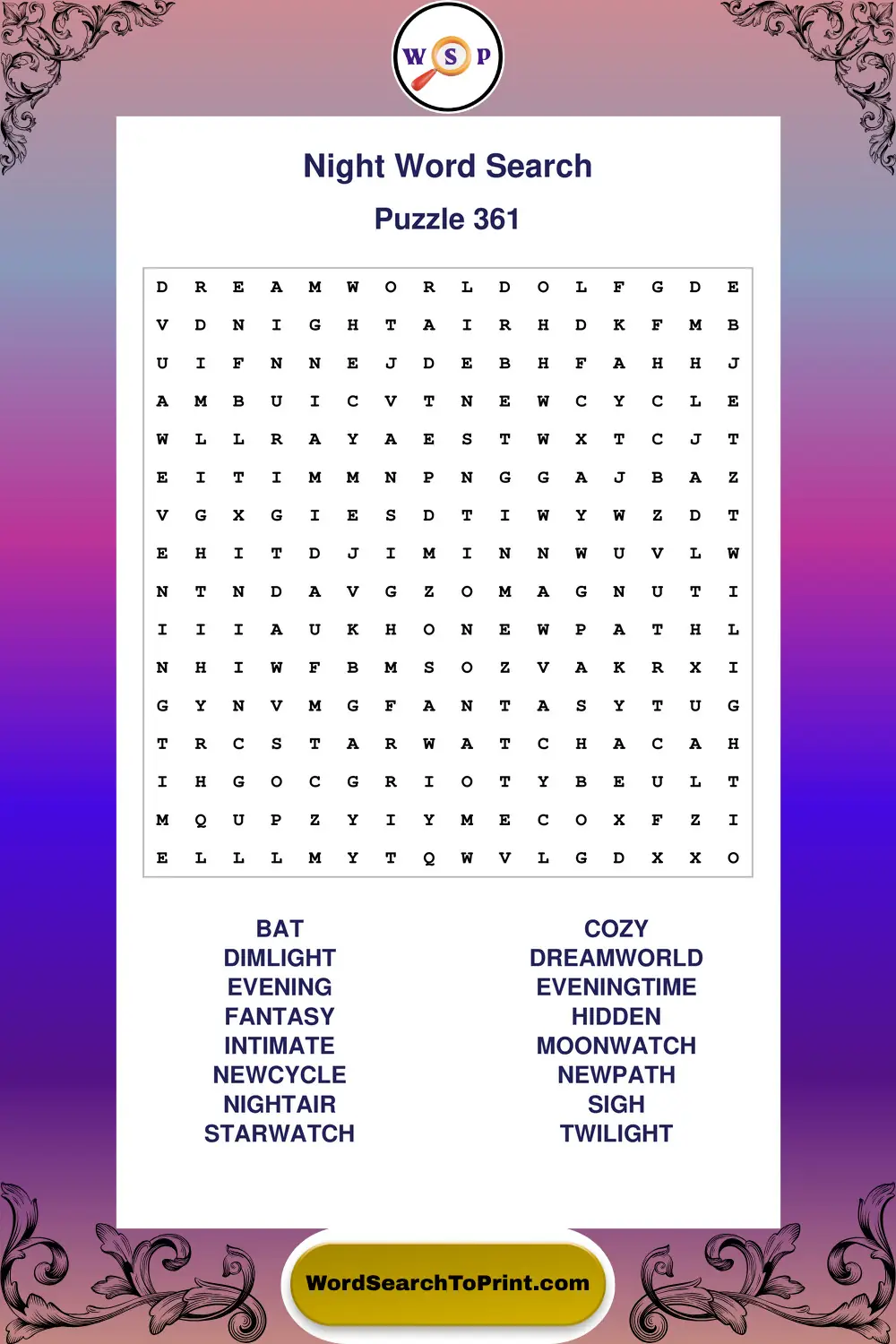 Night Word Search Puzzle 361