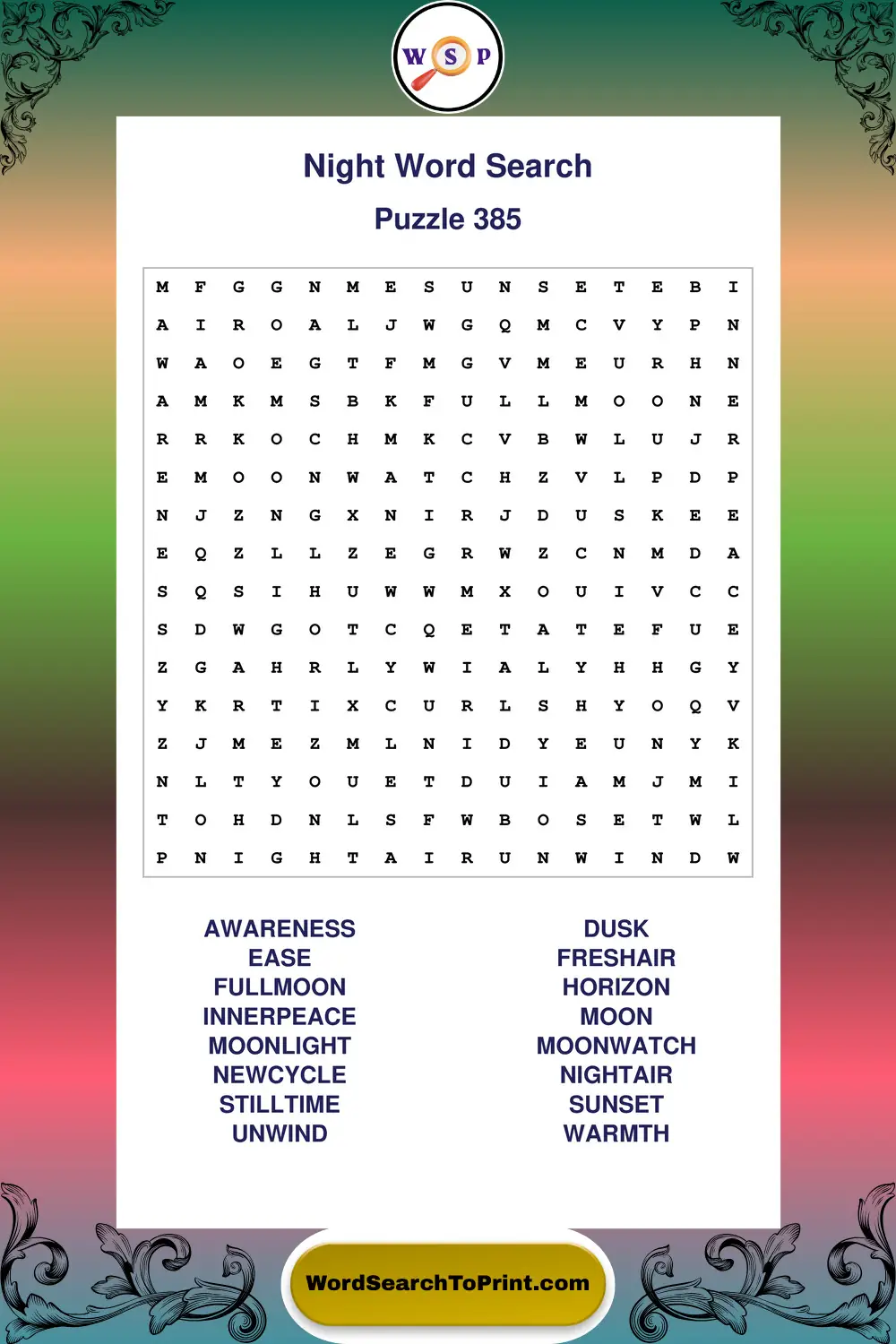Night Word Search Puzzle 385