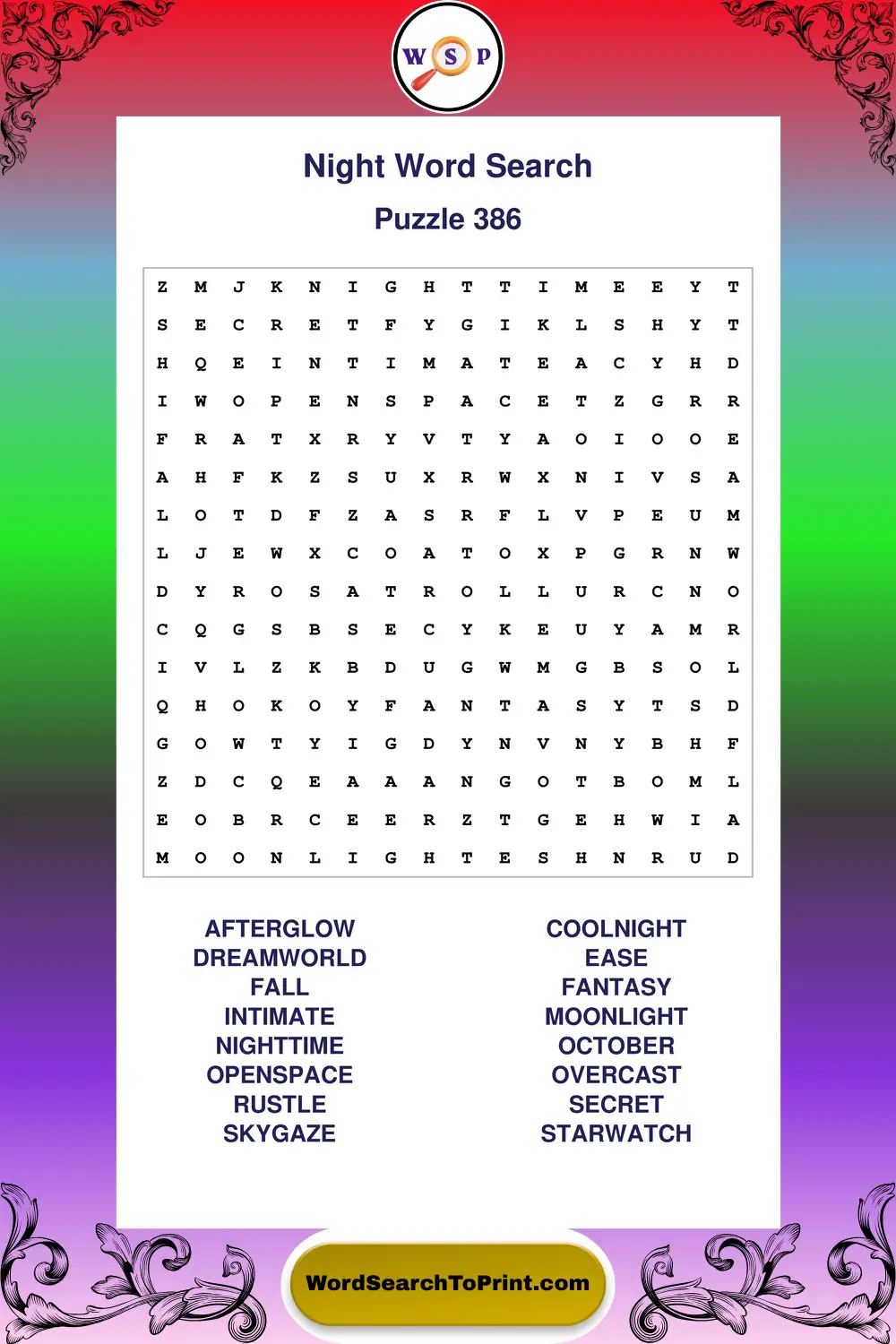 Night Word Search Puzzle 386