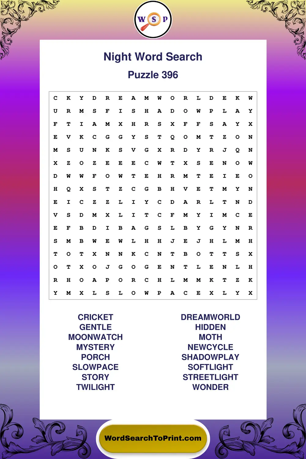 Night Word Search Puzzle 396