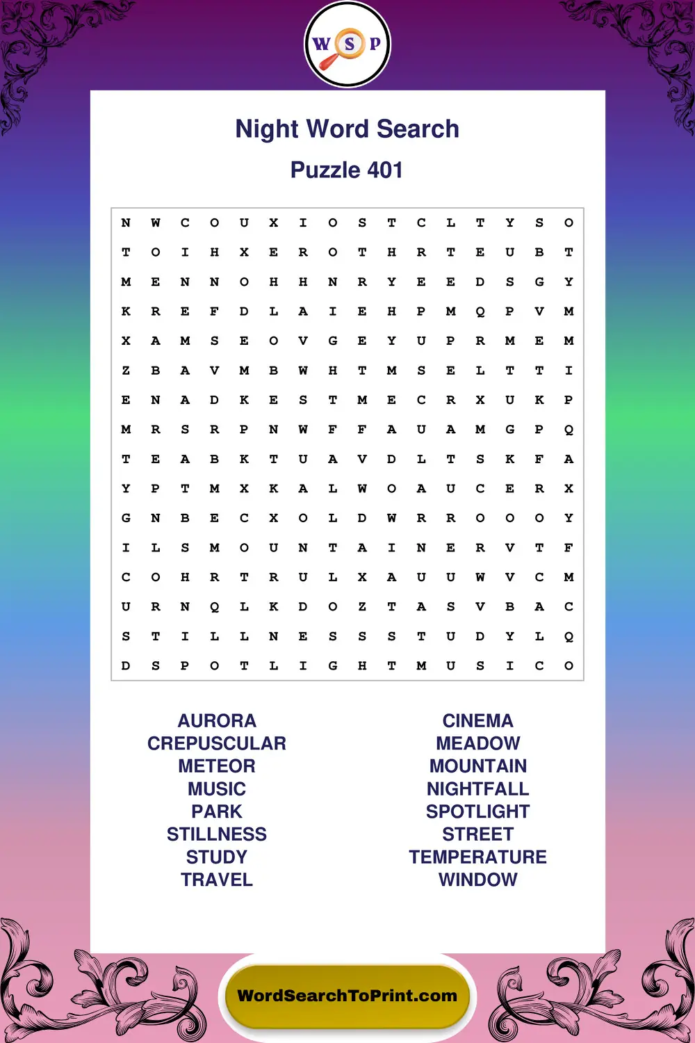 Night Word Search Puzzle 401