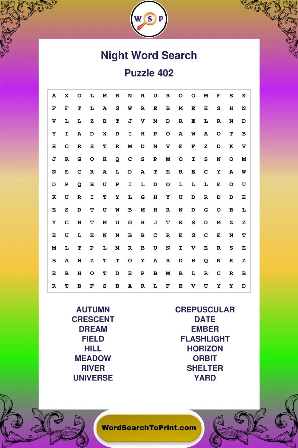 Night Word Search Puzzle 402