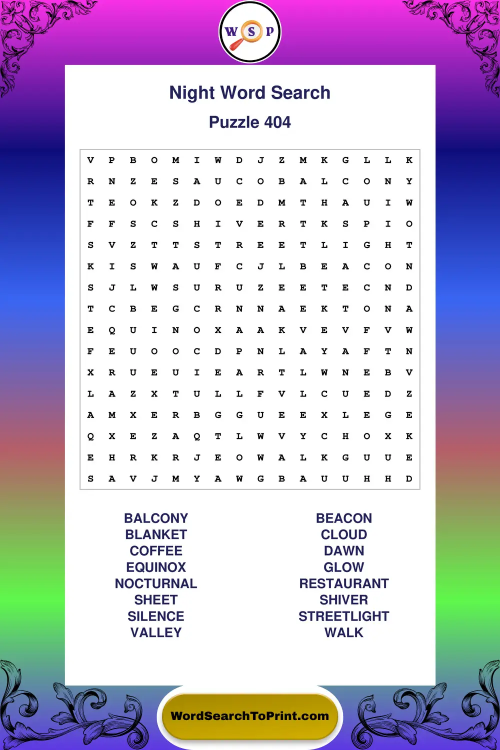 Night Word Search Puzzle 404