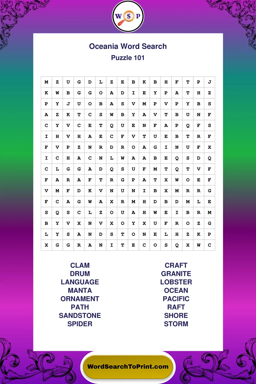 Oceania Word Search Puzzle 101