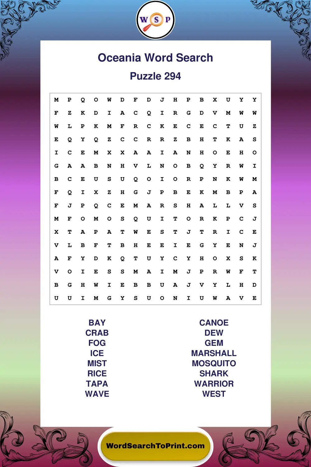 Oceania Word Search Puzzle 294