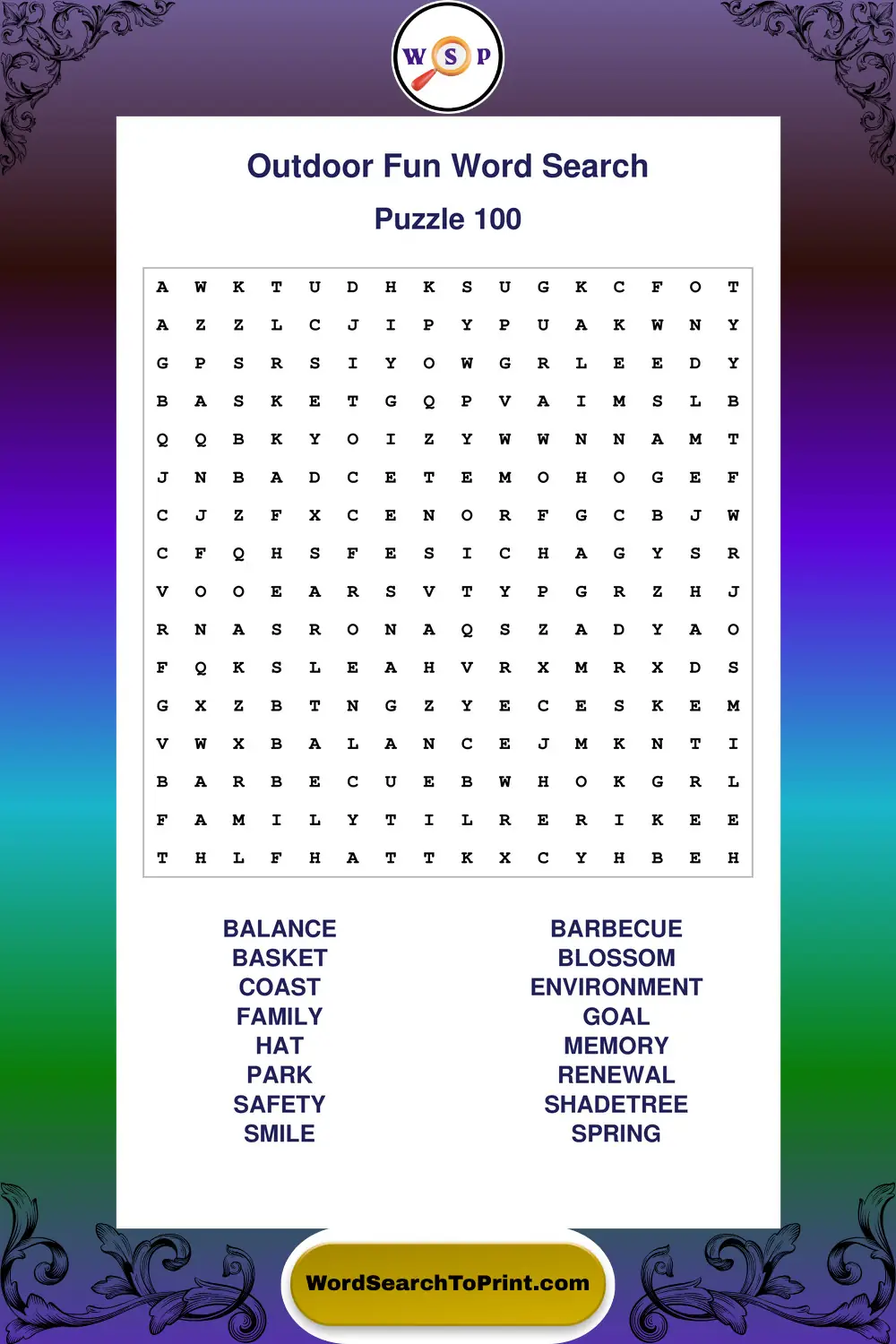 Outdoor Fun Word Search Puzzle 100