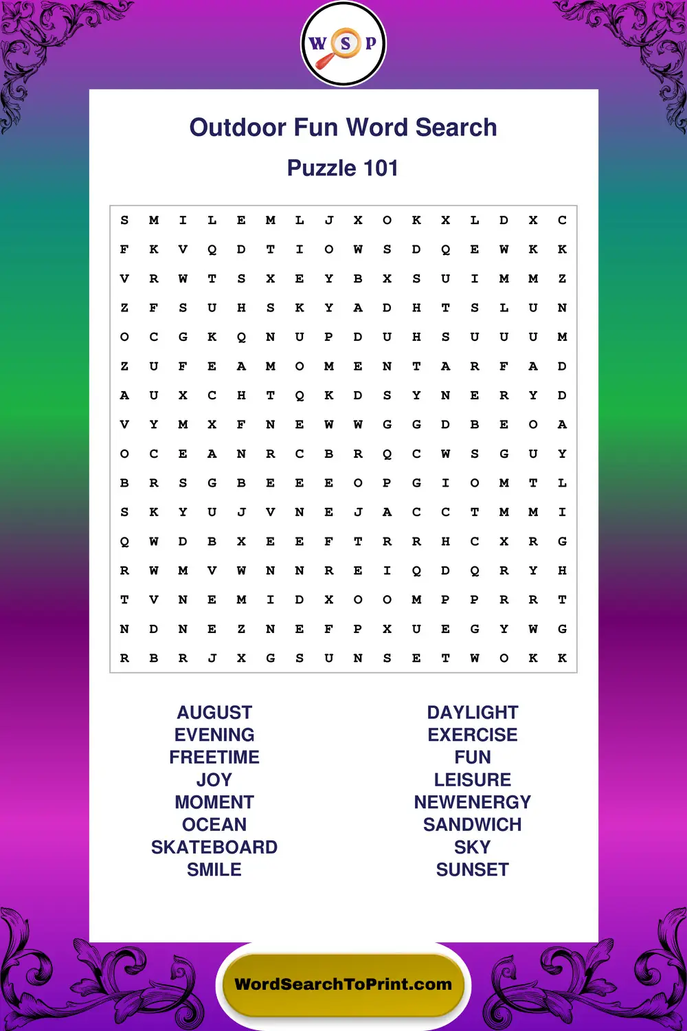 Outdoor Fun Word Search Puzzle 101