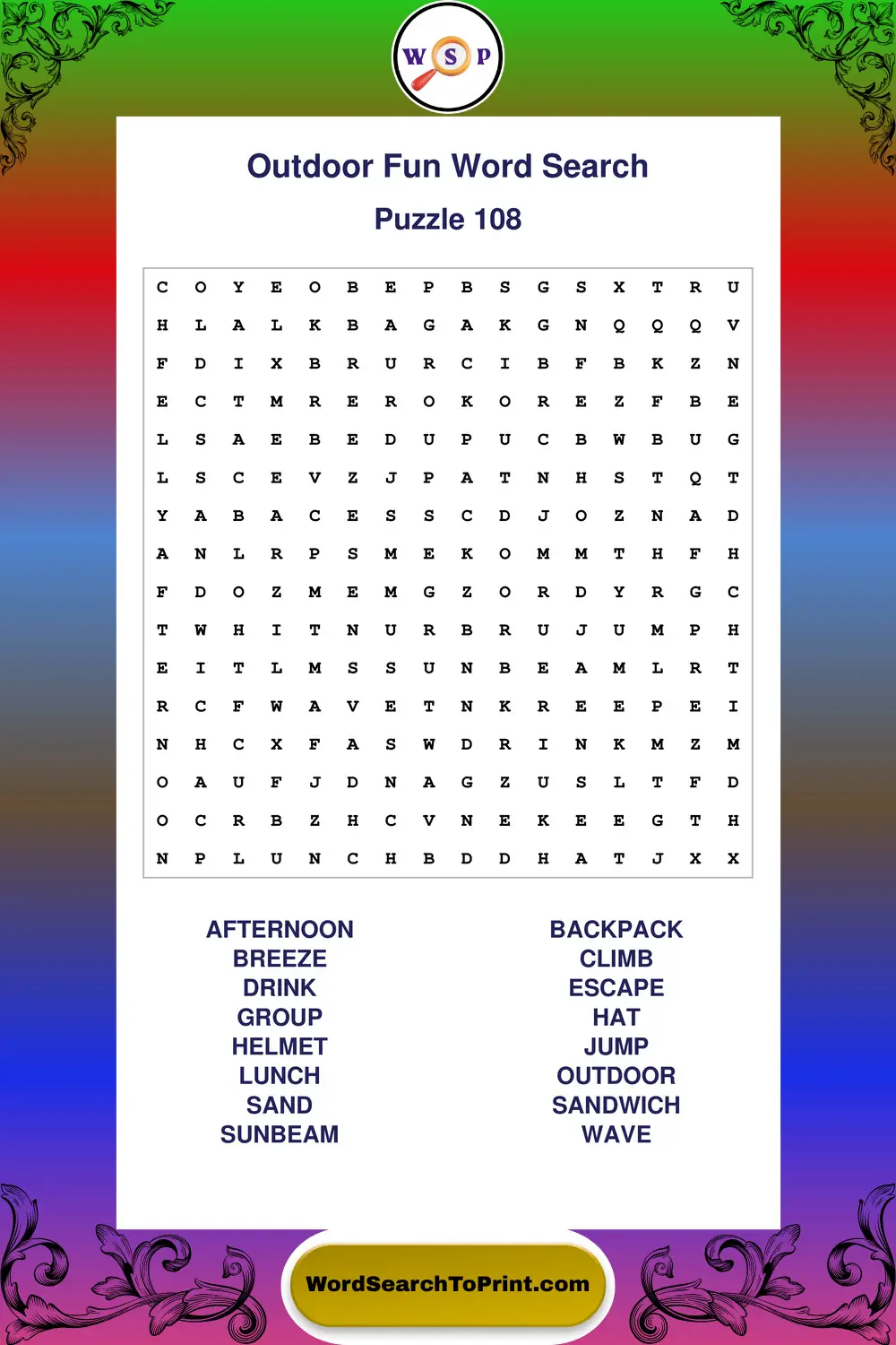 Outdoor Fun Word Search Puzzle 108