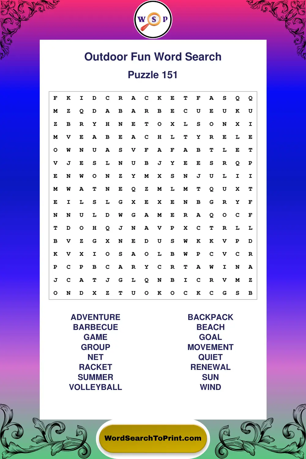 Outdoor Fun Word Search Puzzle 151