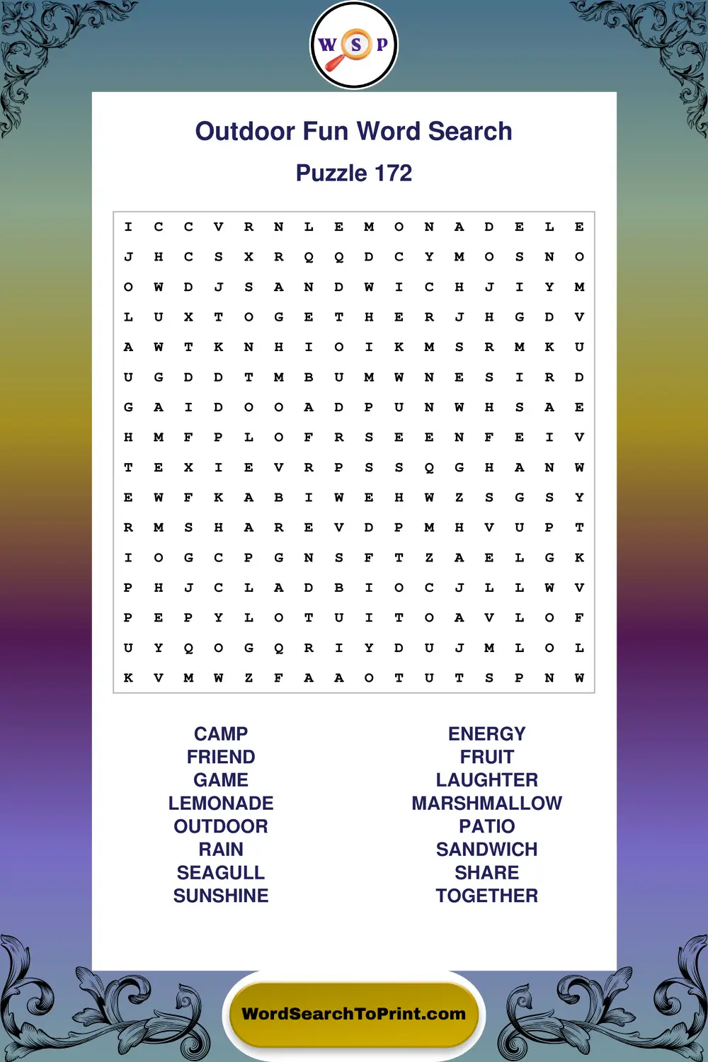 Outdoor Fun Word Search Puzzle 172