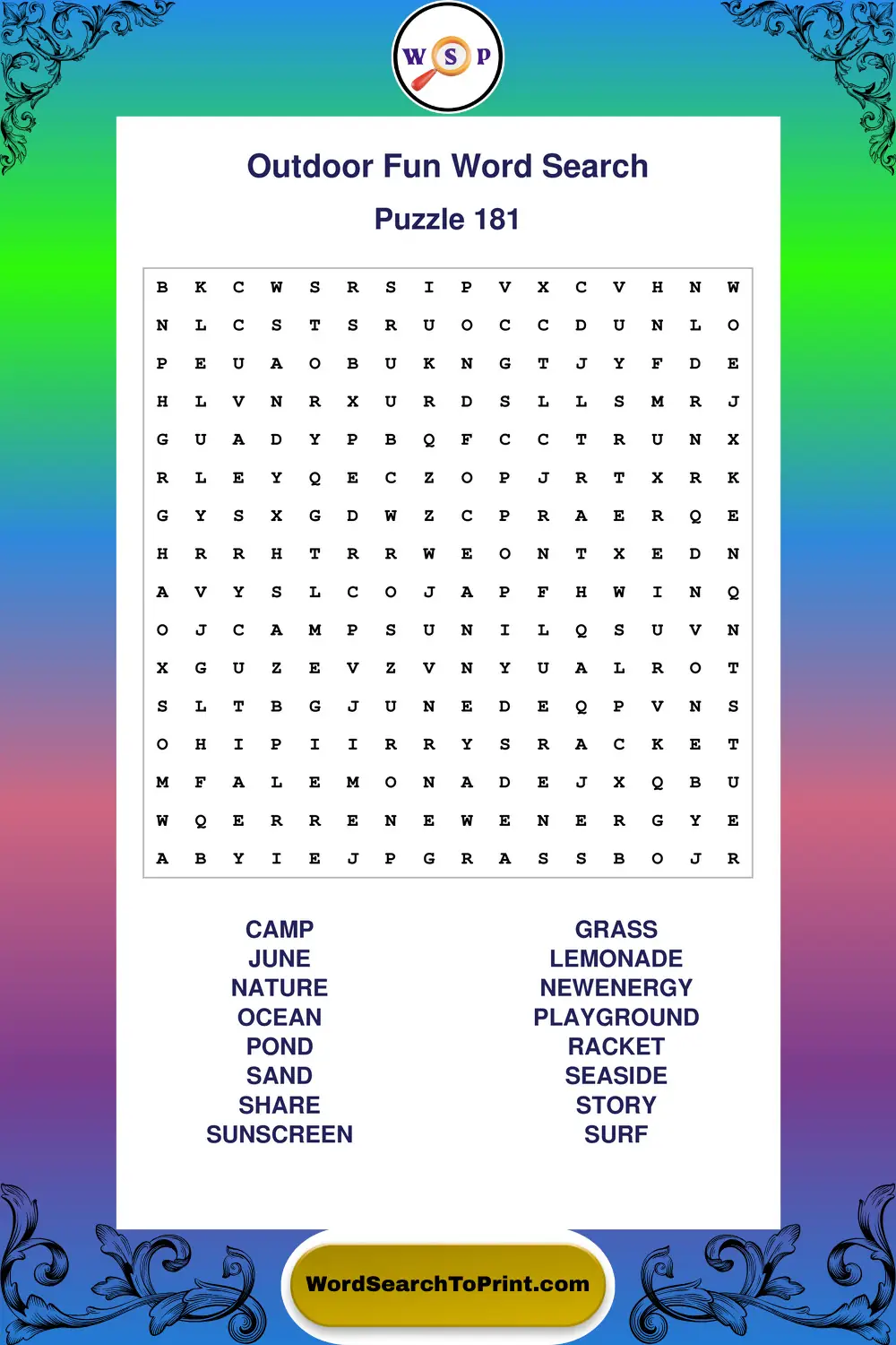 Outdoor Fun Word Search Puzzle 181