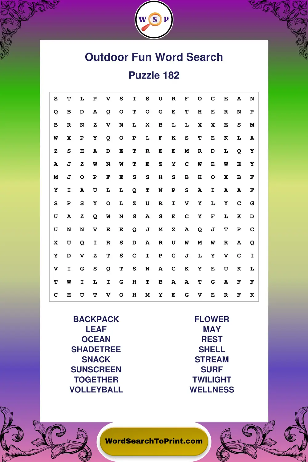 Outdoor Fun Word Search Puzzle 182