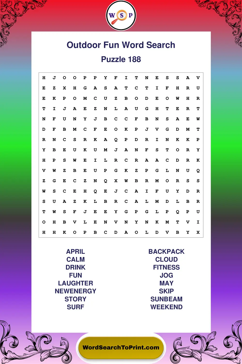 Outdoor Fun Word Search Puzzle 188