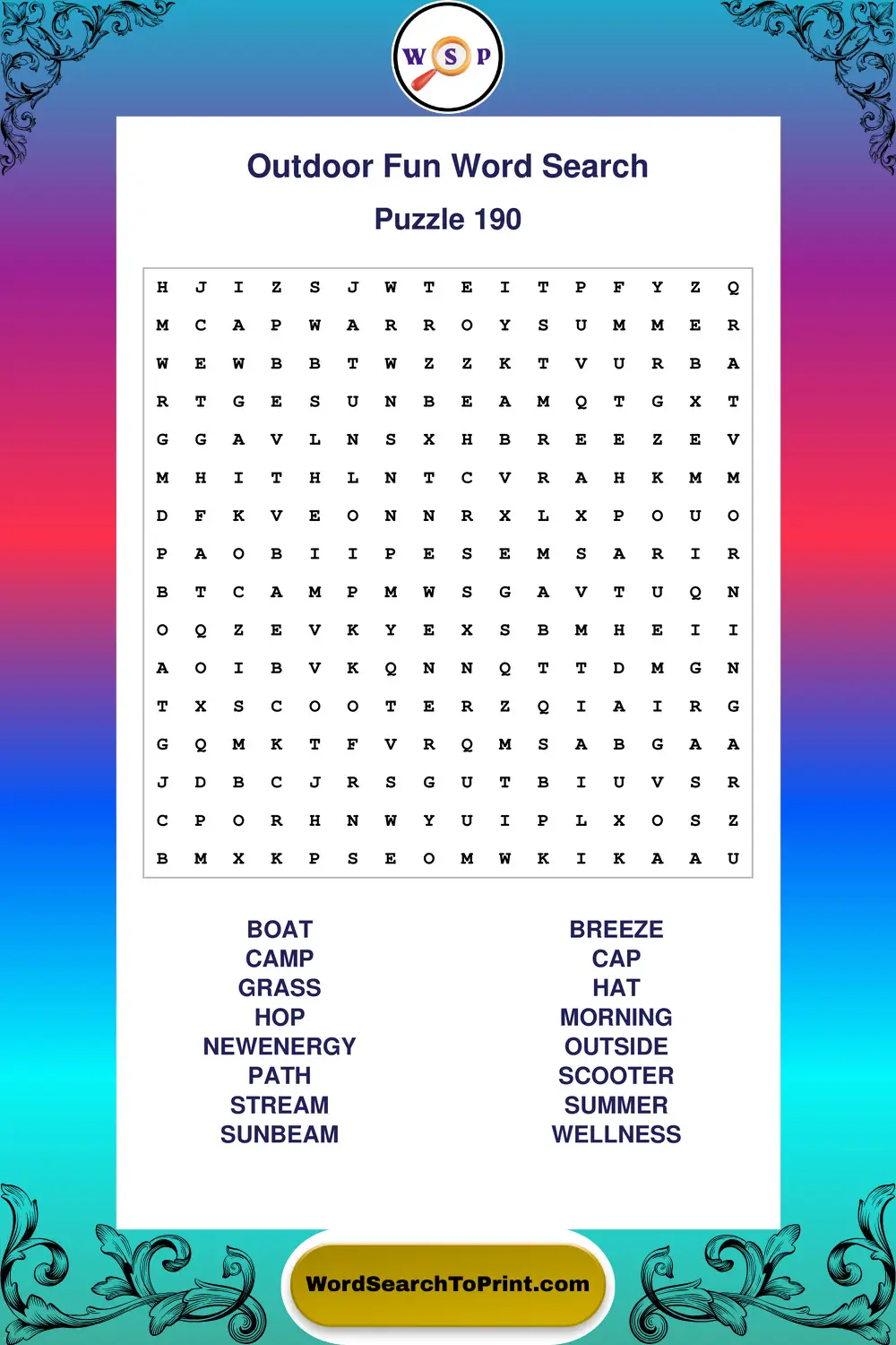Outdoor Fun Word Search Puzzle 190