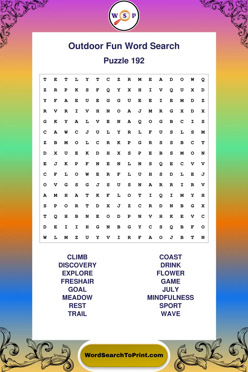 Outdoor Fun Word Search Puzzle 192