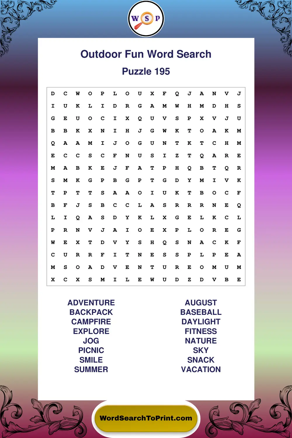 Outdoor Fun Word Search Puzzle 195