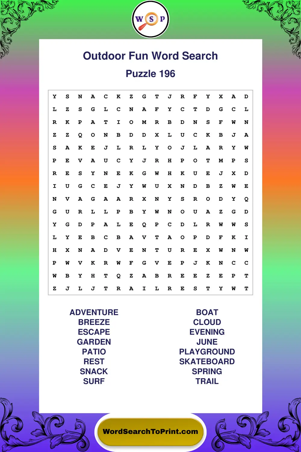 Outdoor Fun Word Search Puzzle 196