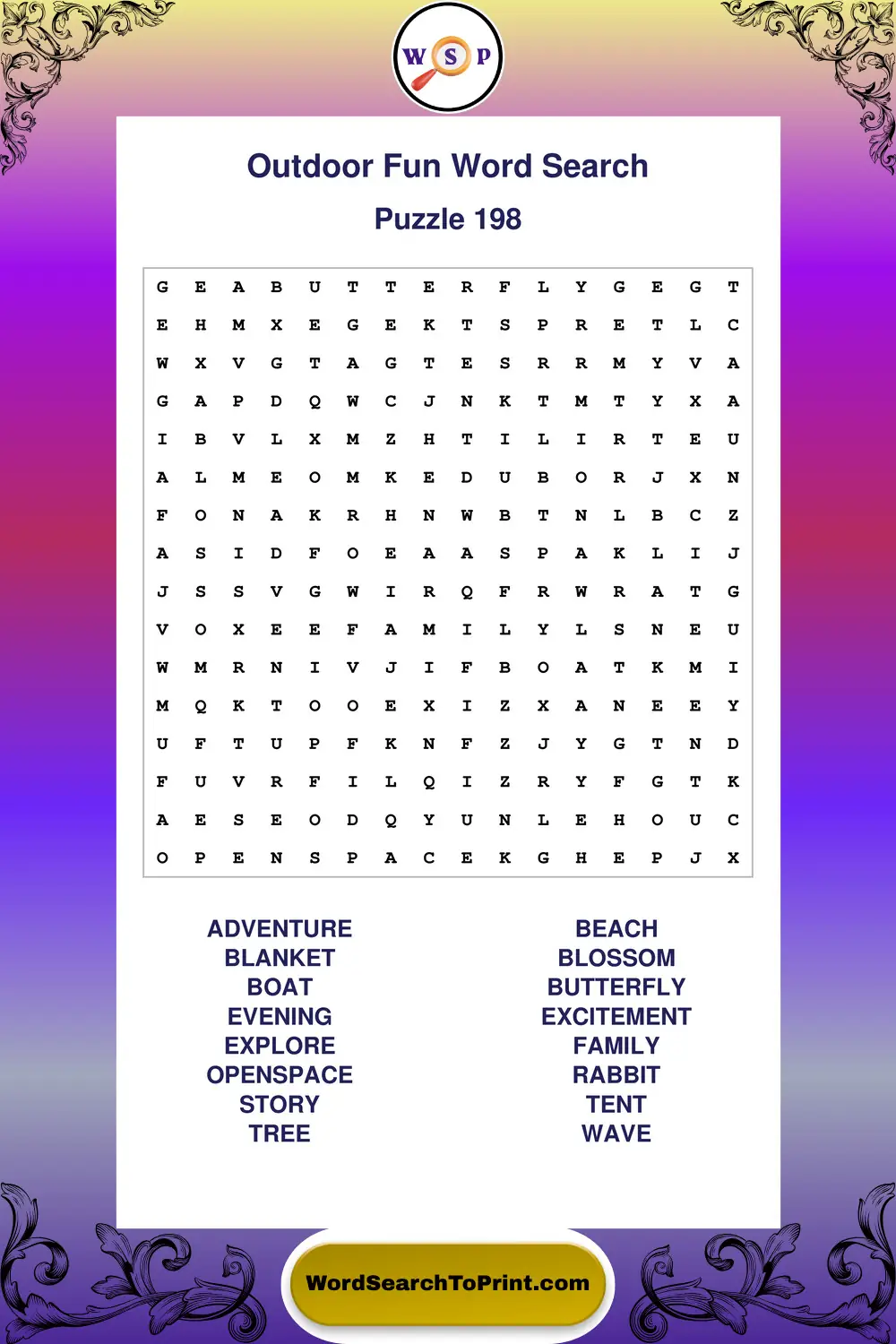 Outdoor Fun Word Search Puzzle 198