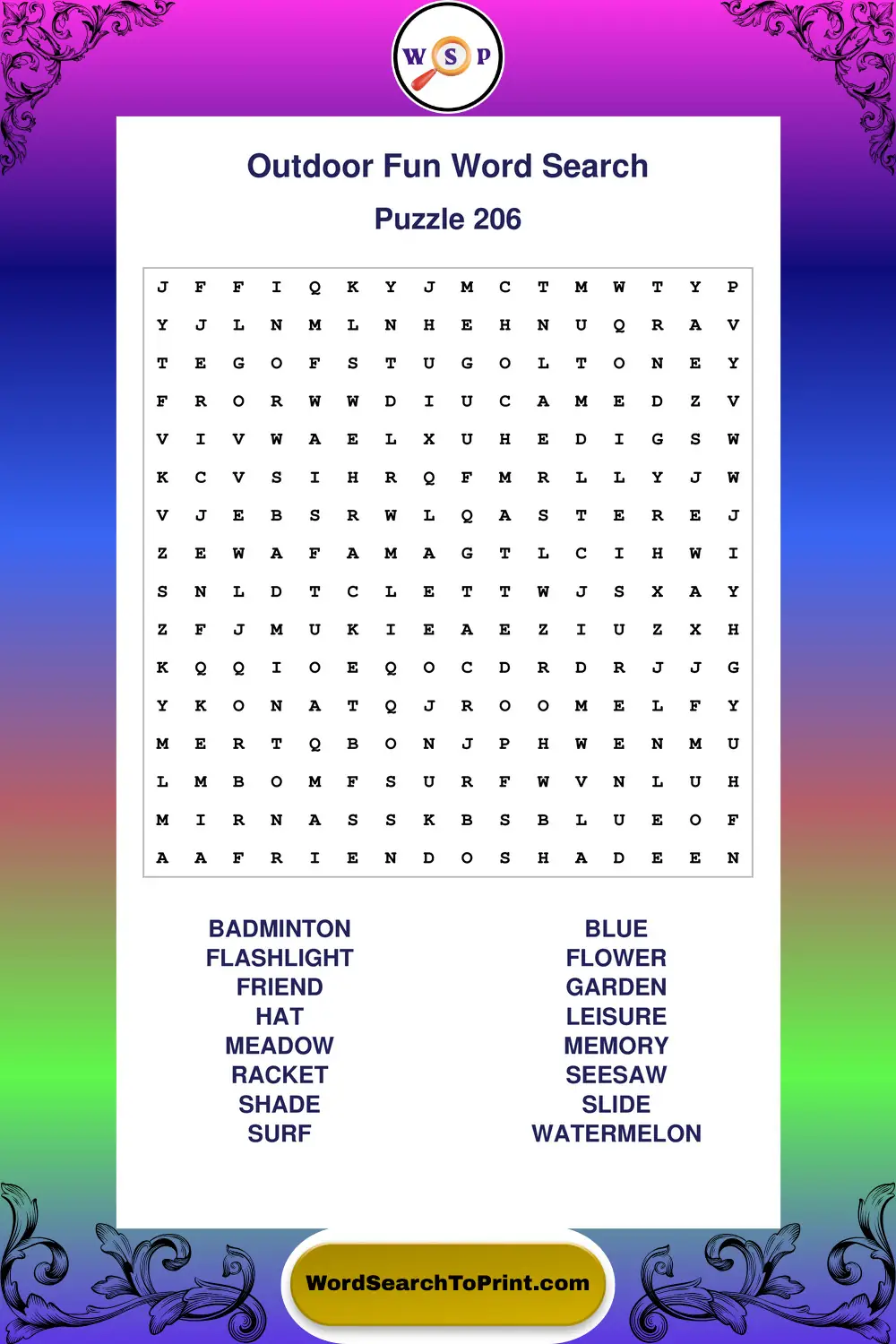 Outdoor Fun Word Search Puzzle 206