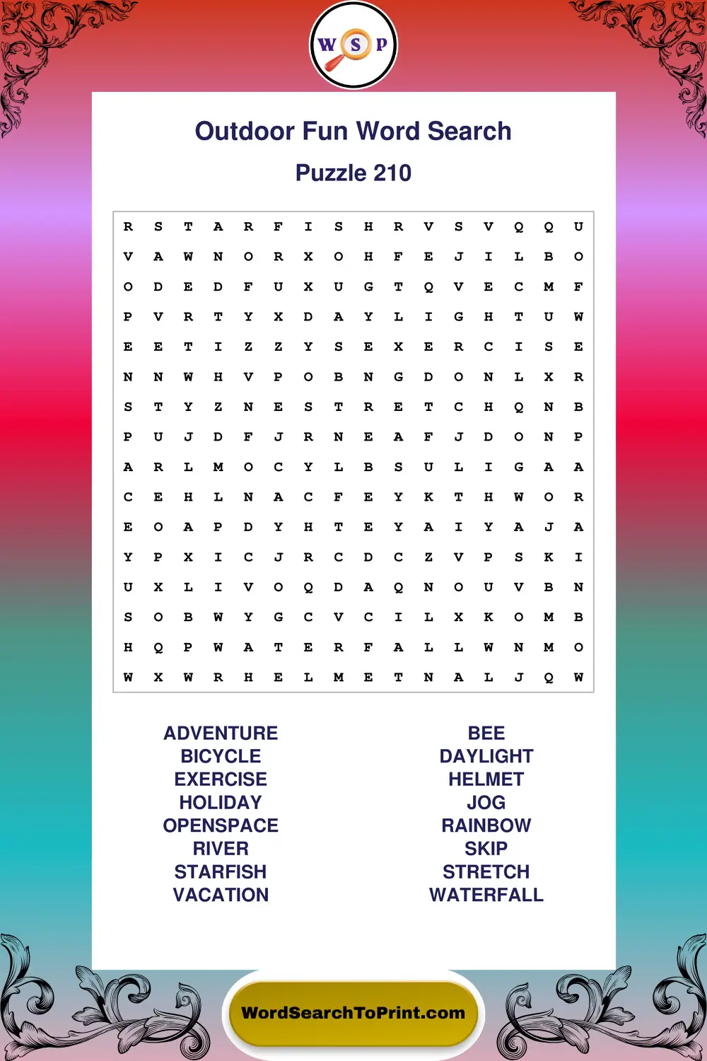Outdoor Fun Word Search Puzzle 210