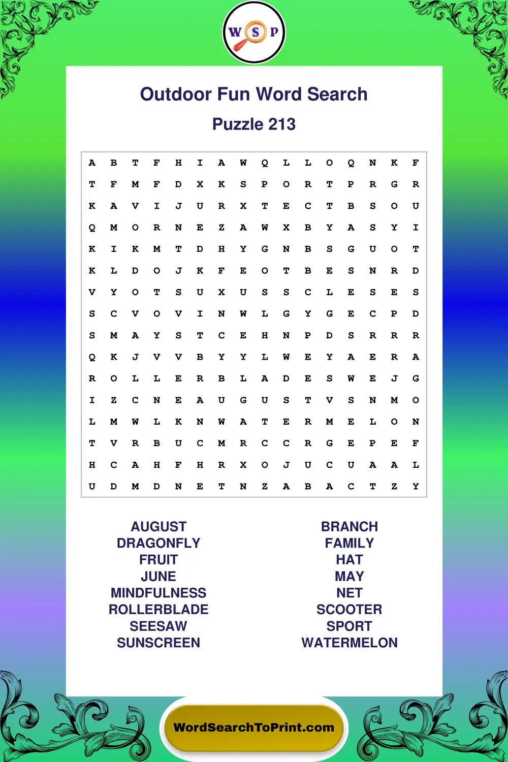 Outdoor Fun Word Search Puzzle 213
