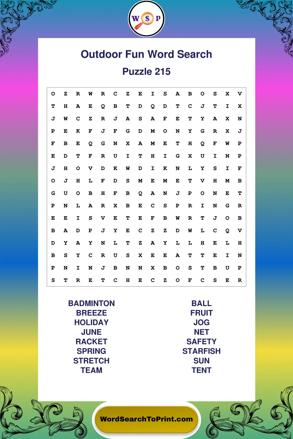 Outdoor Fun Word Search Puzzle 215