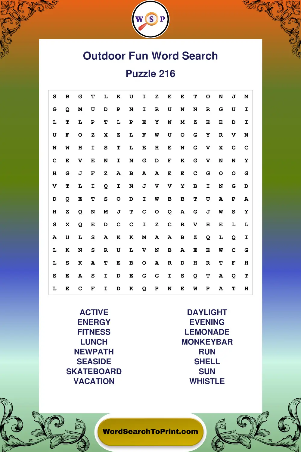 Outdoor Fun Word Search Puzzle 216