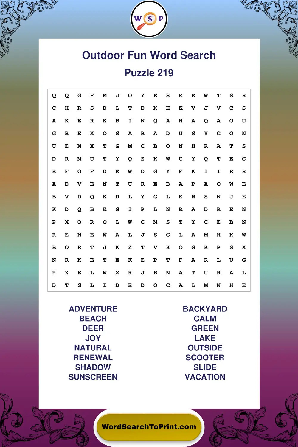 Outdoor Fun Word Search Puzzle 219
