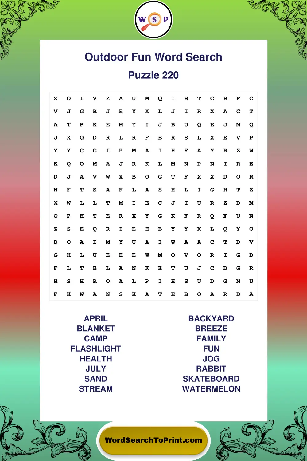 Outdoor Fun Word Search Puzzle 220