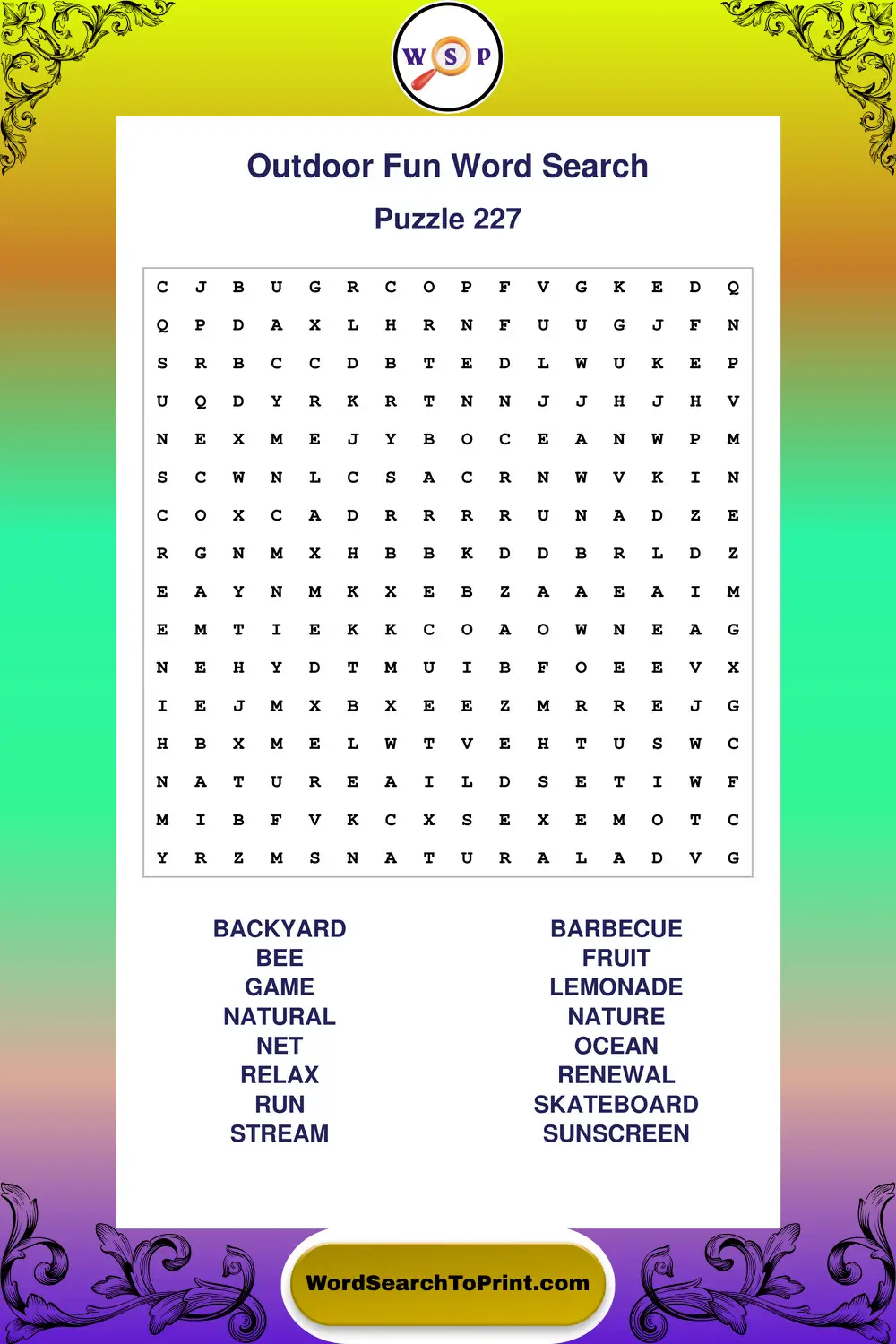 Outdoor Fun Word Search Puzzle 227