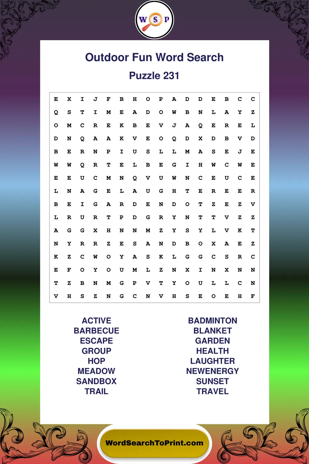 Outdoor Fun Word Search Puzzle 231