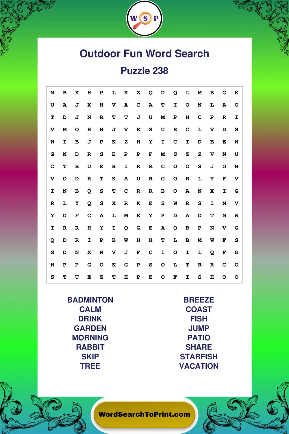 Outdoor Fun Word Search Puzzle 238