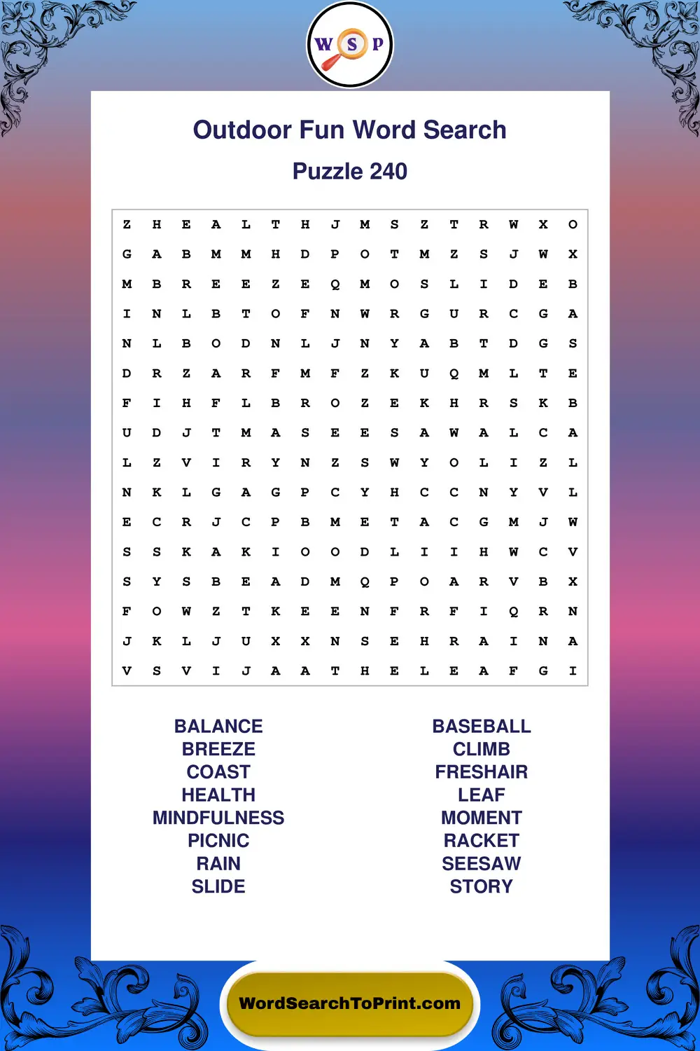 Outdoor Fun Word Search Puzzle 240