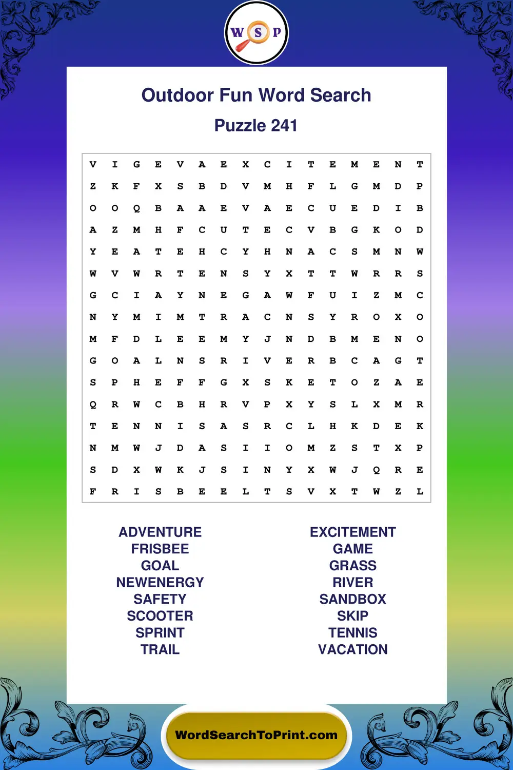 Outdoor Fun Word Search Puzzle 241
