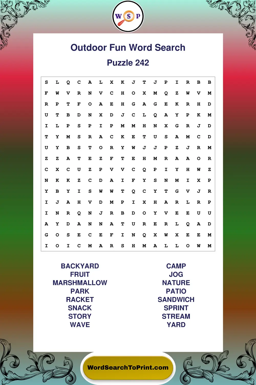 Outdoor Fun Word Search Puzzle 242