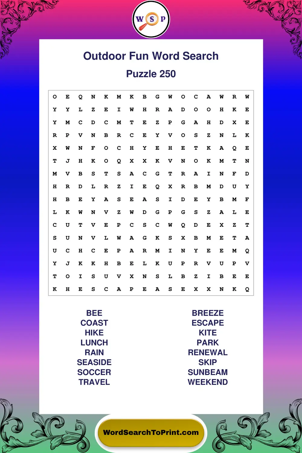 Outdoor Fun Word Search Puzzle 250