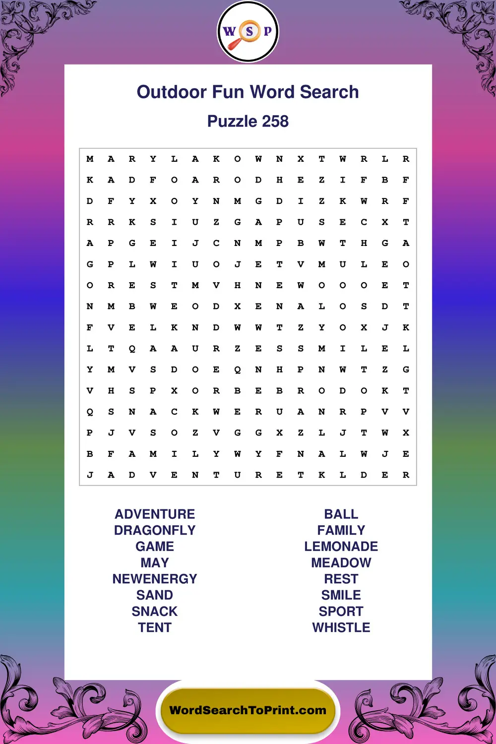 Outdoor Fun Word Search Puzzle 258