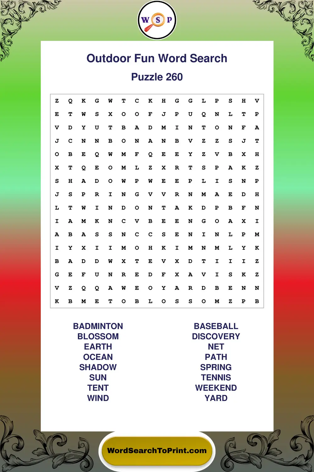 Outdoor Fun Word Search Puzzle 260